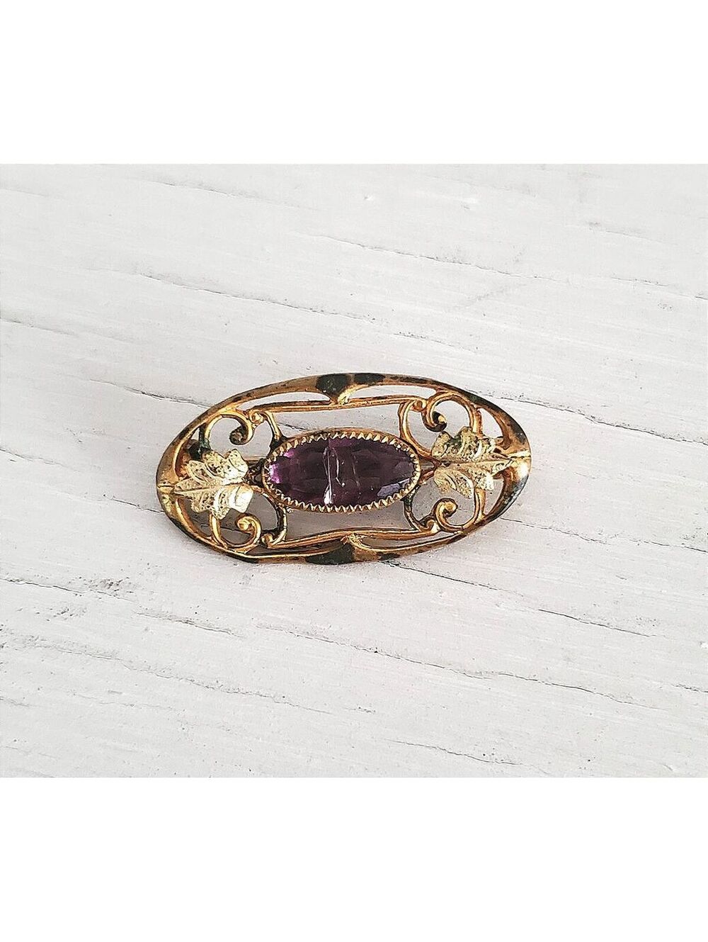 Vintage Victorian Art Nouveau Purple Glass Floral Brooch